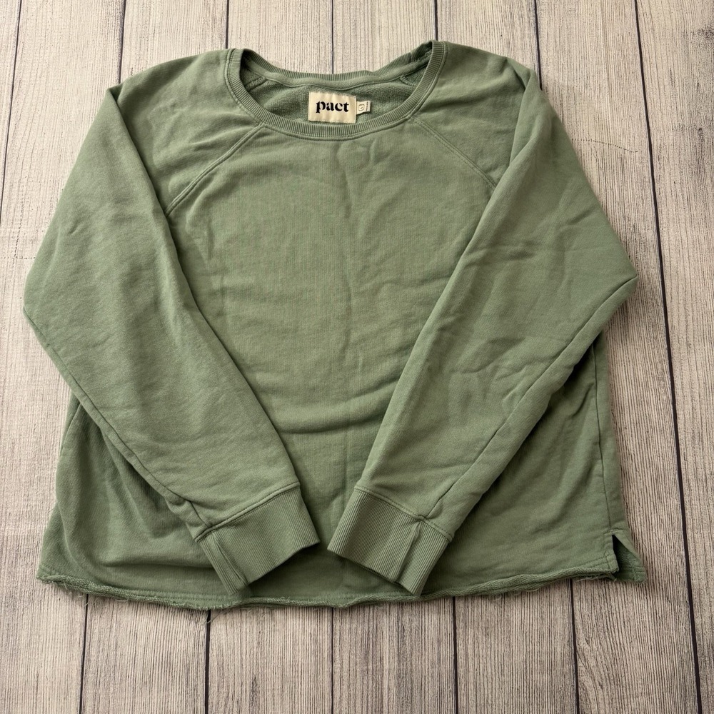 Pact Organic Cotton Cropped Sweatshirt Green Raw Hem Pullover Women's L